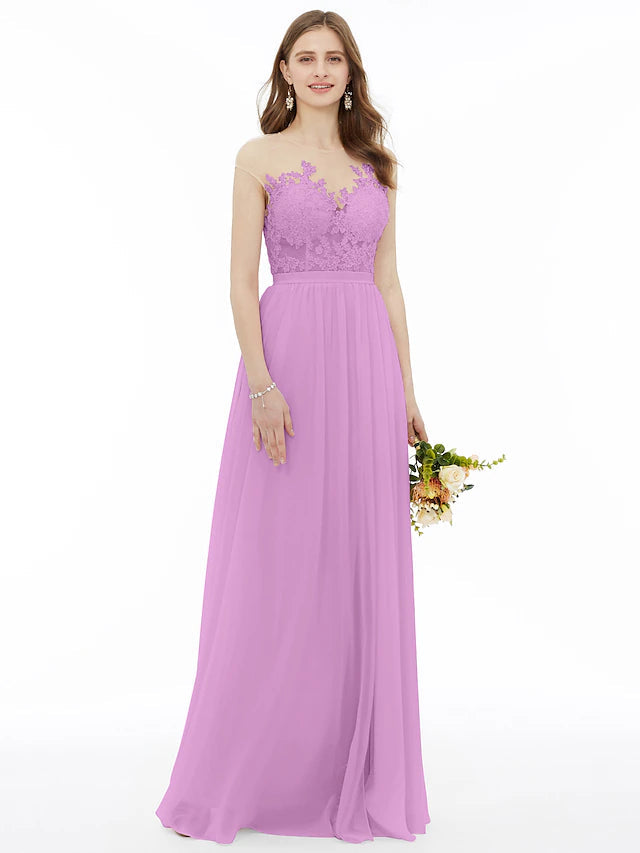 Luolandi A-Line Bridesmaid Dress Illusion Neck Sleeveless Illusion Detail Floor Length Chiffon / Floral Lace with Sash / Ribbon